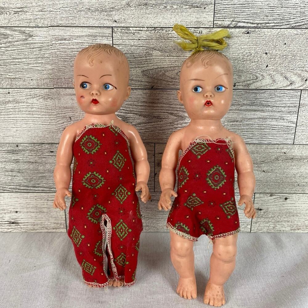 VINTAGE RUBBER TWINS 8 In Unmarked Sun-Style Tod-L-Dee Tim Looking Antique Dolls